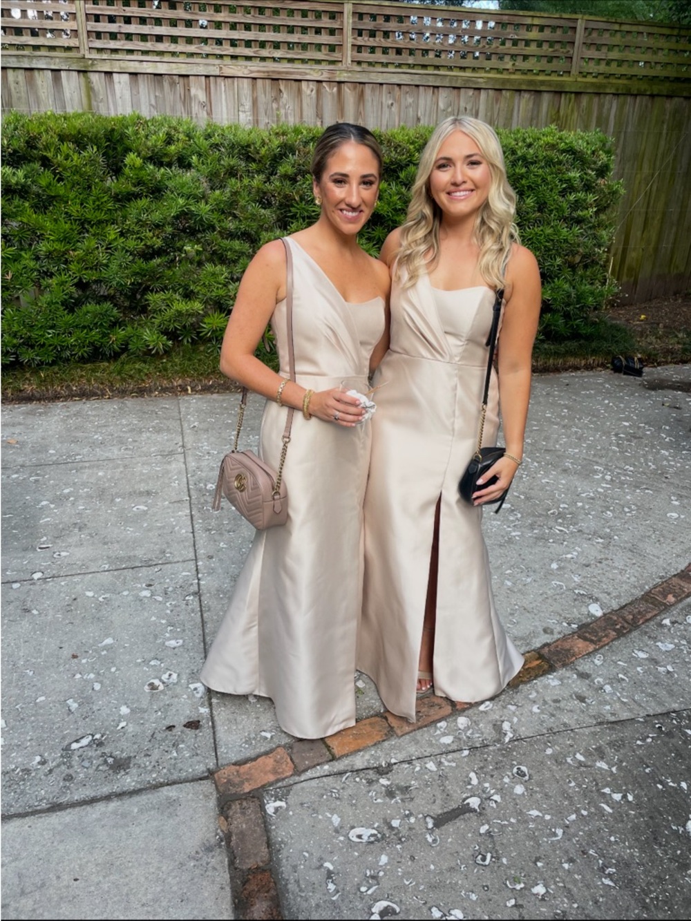 ALFRED SUNG Champagne Satin Maxi Dress with Front Slit
